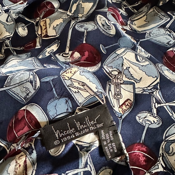 Nichole Miller large square Silk scarf, navy background, wine glass print. - Picture 3 of 3